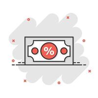 ícone de notas de moeda de dólar em estilo cômico. dólar em dinheiro desconto ilustração vetorial dos desenhos animados no fundo branco isolado. nota de banco com conceito de negócio de efeito splash de porcentagem. vetor