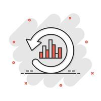 crescente ícone gráfico de barras em estilo cômico. aumentar a ilustração em vetor seta dos desenhos animados no fundo branco isolado. conceito de negócio de efeito de respingo de progresso infográfico.