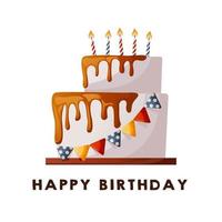 cartão de festa de aniversário com bolo de chocolate e velas. letras de desejos manuscritas de feliz aniversário. cartão de bolo de celebração. cartão postal, cartão. capa, modelo de convite. vetor