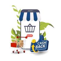 conceito de reembolso online. pessoas felizes recebendo cashback para um comprador. vetor