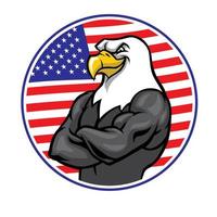 mascote águia mostra o músculo com fundo de bandeira americana vetor