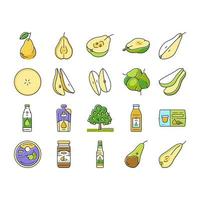 pera fruta verde folha branca conjunto de ícones de comida vetor