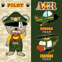 urso fofo em fantasia de piloto com aeronaves militares, ilustração de desenho vetorial vetor