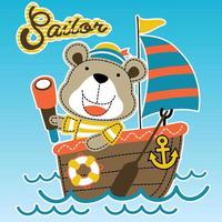 urso fofo em traje de marinheiro com binóculo em veleiro, ilustração de desenho vetorial vetor