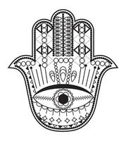 vetor de mão hamsa com símbolos místicos e esotéricos como pirâmide, mau-olhado. página de cor indiana, tatuagem, ilustração de henna. wicca, arte astrológica e oculta.