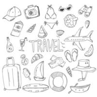 conjunto de rabiscos de viagem desenhados à mão. ilustração vetorial. esboço de turismo e verão com elementos itinerantes. vetor