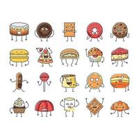 vetor de conjunto de ícones de bolo de comida de personagem de sobremesa