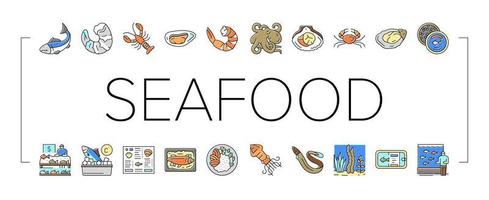 conjunto de ícones de menu de prato de comida cozida de frutos do mar vetor