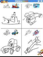 planilhas de desenho e coloração com veículos em quadrinhos vetor