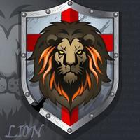logotipo da cabeça de leão no escudo de cavaleiro. vetor