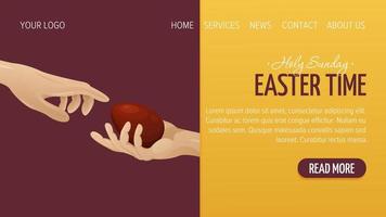 design de página da web para feliz páscoa. uma mão alcança a outra, na qual está um ovo vermelho. ilustração vetorial, modelo de pôster, banner, site. vetor