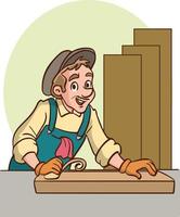 um carpinteiro serrando a madeira no vetor de desenho animado da mesa