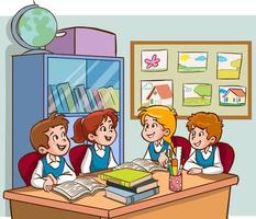 um grupo de crianças sentadas à mesa na sala de aula e lendo juntos. ou prateleiras ao fundo. ilustração em vetor de group.cartoon de estudo do aluno.