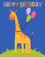 cartão de feliz aniversário com divertida girafa. animal fofo com balão. cartão de saudação de crianças para impressão. ilustração em vetor desenho animado.