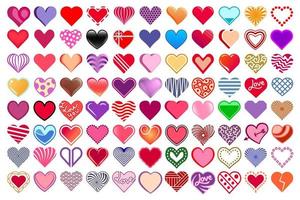 corações coloridos isolados no fundo branco. ícones de coração em diferentes cores e design. conjunto de ilustração vibrante, coleção colorida. vetor
