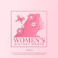 fundo do mês da história feminina com uma mulher de papel de corte rosa e flores vetor