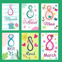 8 de março, um conjunto de cartões criativos brilhantes com flores e elementos decorativos. feito à mão. dia internacional da mulher. vetor