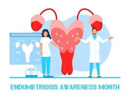 vetor de conceito de mês de conscientização de endometriose. evento de saúde é comemorado em março. médicos minúsculos examinam útero, útero com lupa