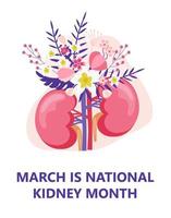 vetor nacional do conceito do mês do rim. evento de saúde é comemorado em março. rins são mostrados no floral