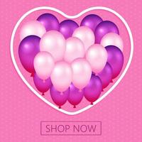 banner do dia dos namorados para histórias de rede social de loja online. pôster da moda, cartão com moldura de coração enorme e balões rosa. vetor
