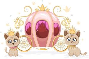 desenhos animados e lindos gatinhos princesa e príncipe perto de carruagem vetor
