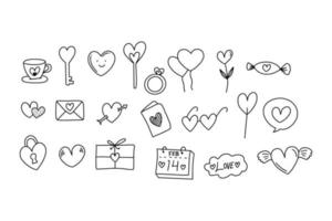 Ilustrações fofas de arte de doodle de dia dos namorados. designs desenhados à mão com tema de amor para cartões comemorativos e mídias sociais vetor