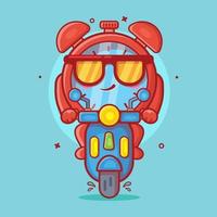 mascote legal de personagem de despertador montando scooter motocicleta desenho animado isolado em design de estilo simples vetor