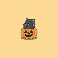 gato preto feliz em desenhos animados de abóbora de halloween, ilustração vetorial vetor