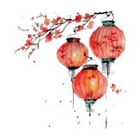 design de cartão vetorial festivo de ano novo chinês em lanternas vermelhas chinesas de fundo aquarela vetor