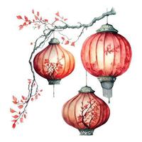 design de cartão vetorial festivo de ano novo chinês em lanternas vermelhas chinesas de fundo aquarela vetor