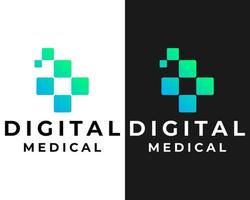 ícone do hospital médico cruzado e design de logotipo digital de pixel quadrado. vetor