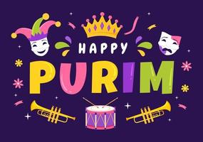 feliz ilustração de purim com máscaras de carnaval, feriado judaico e parque de diversões em cartoon plano desenhado à mão para banner da web ou modelos de página de destino vetor