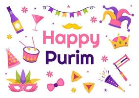 feliz ilustração de purim com máscaras de carnaval, feriado judaico e parque de diversões em cartoon plano desenhado à mão para banner da web ou modelos de página de destino vetor