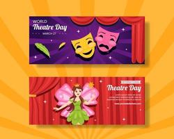 dia mundial do teatro banner horizontal ilustração de modelos desenhados à mão plana dos desenhos animados