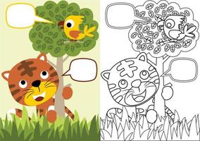 desenho vetorial de tigre e passarinho na selva, livro para colorir ou página vetor