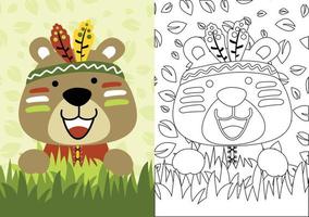 desenho vetorial de urso fofo usando cocar de penas em fundo de folhas, livro de colorir ou página vetor
