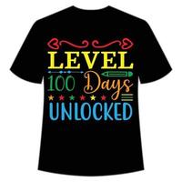 t-shirt desbloqueada de nível 100 dias feliz modelo de impressão de camisa de volta às aulas, design de tipografia para jardim de infância pré-escola, último e primeiro dia de aula, camisa de 100 dias de escola vetor