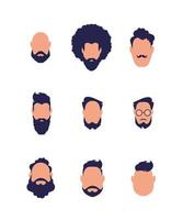 conjunto de rostos de homens de diferentes tipos e nacionalidades. isolado no fundo branco. vetor. vetor