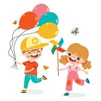 garoto dos desenhos animados brincando com balões e rosa dos ventos vetor