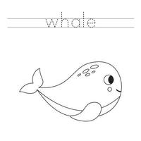 trace as letras e colora a baleia dos desenhos animados. prática de caligrafia para crianças. vetor