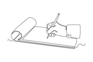 única linha desenhando as mãos de um homem feliz segurando uma caneta e preenchendo o formulário de imposto. conceito de imposto. ilustração em vetor gráfico de desenho de desenho de linha contínua.
