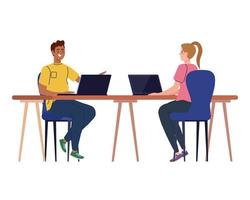 desenhos animados de homem e mulher com laptops na mesa trabalhando com desenho vetorial vetor