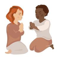 rezando crianças afro-americanas e caucasianas menina e menino. crianças pequenas com as mãos postas em ilustração vetorial de oração isolada em background.religion branco, cristianismo, conceito de fé. vetor