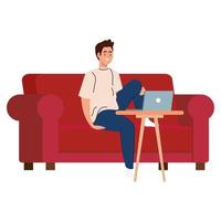 desenho de homem com laptop no sofá trabalhando desenho vetorial vetor