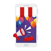 balões de festa com megafone e banner em design de vetor de smartphone