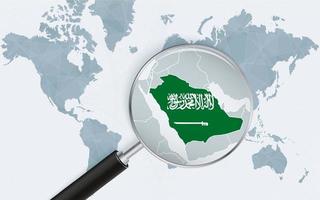 mapa-múndi com uma lupa apontando para a arábia saudita. mapa da arábia saudita com a bandeira no loop. vetor