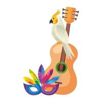 guitarra com papagaio e máscara de ícone isolado de carnaval vetor