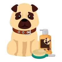 cachorro fofo com ícones isolados de produtos de cuidado vetor