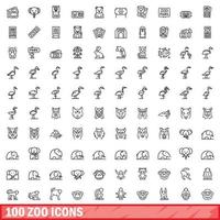 Conjunto de 100 ícones de zoológico, estilo de contorno vetor