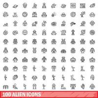 Conjunto de 100 ícones alienígenas, estilo de estrutura de tópicos vetor